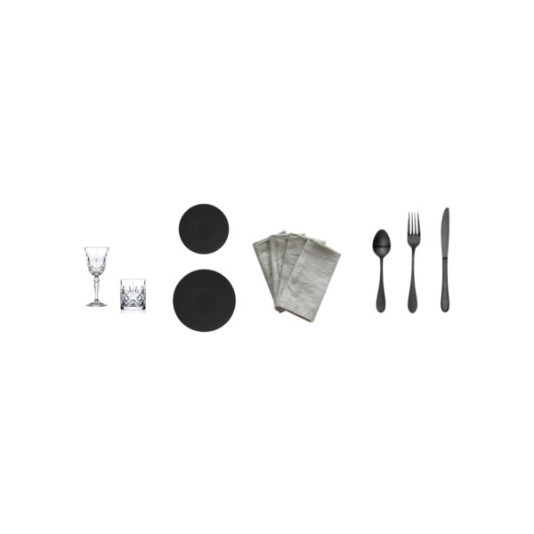 package-crystal-glass-black-plate-grey-napkin-matte-black-cutlery